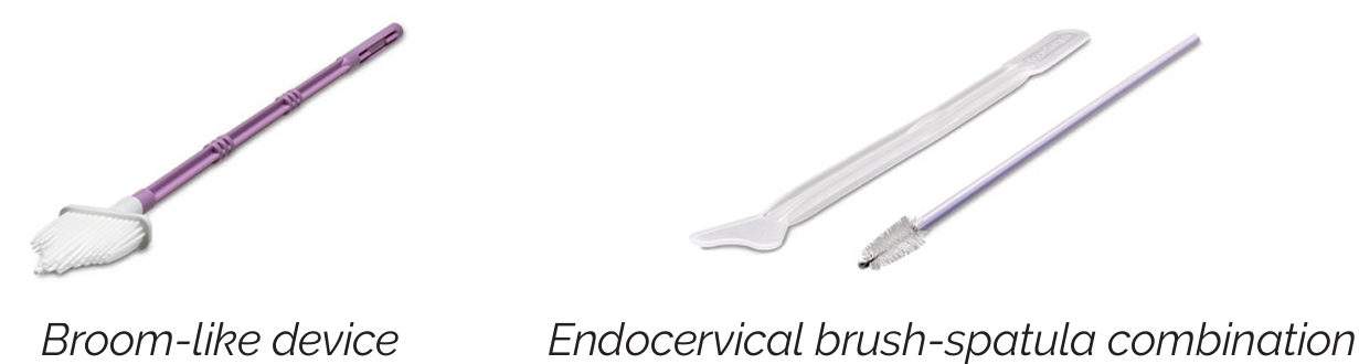 on the left a broom-like device, on the right an endocervical brush-spatula device