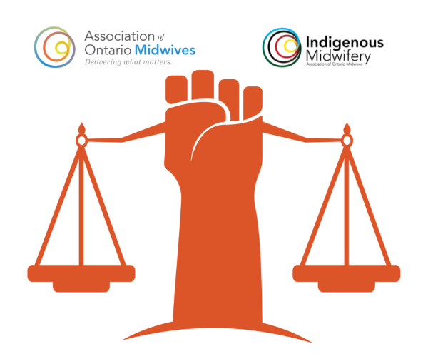 Illustration of fist holding up scales of justice. A-O-M and A-O-M I-M logos.
